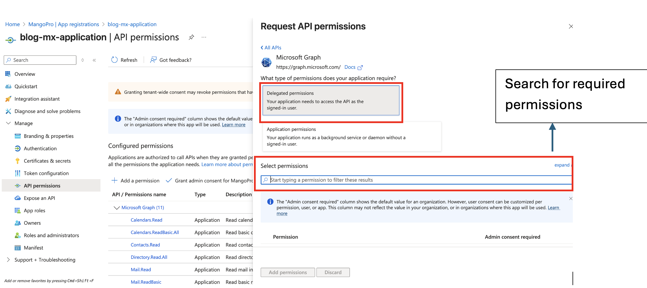 API permissions page showing list of configurable application permissions with search functionality